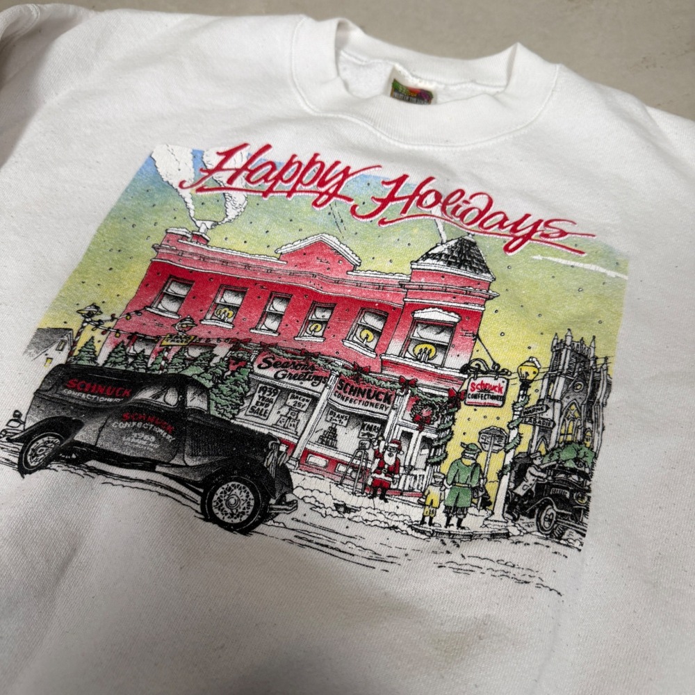 Vintage Happy Holidays Schnuck‎ Confectionery graphic Sweatshirt White L - Picture 2 of 7